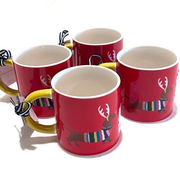Four (4) JOULES Daschund Through The Snow Ceramic Mugs Red/White/Multi 12oz - Picture 6 of 13